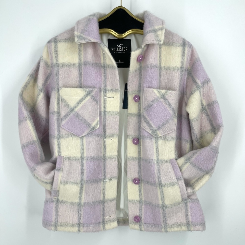 ✨NWT Hollister ASOS Lavender Cream Plaid Shacket Coat Shaggy Relaxed Streetwear - Picture 9 of 14